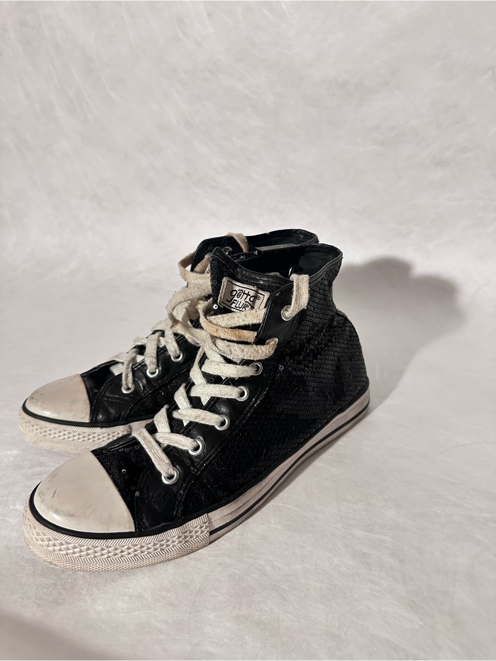 Sequin Black High-Top Sneakers with White Accents - fits like size 8